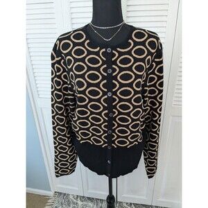 Vtg Doncaster Sweater Women’s Sz XL MCM Black & Tan Circle Geo Cardigan Office
